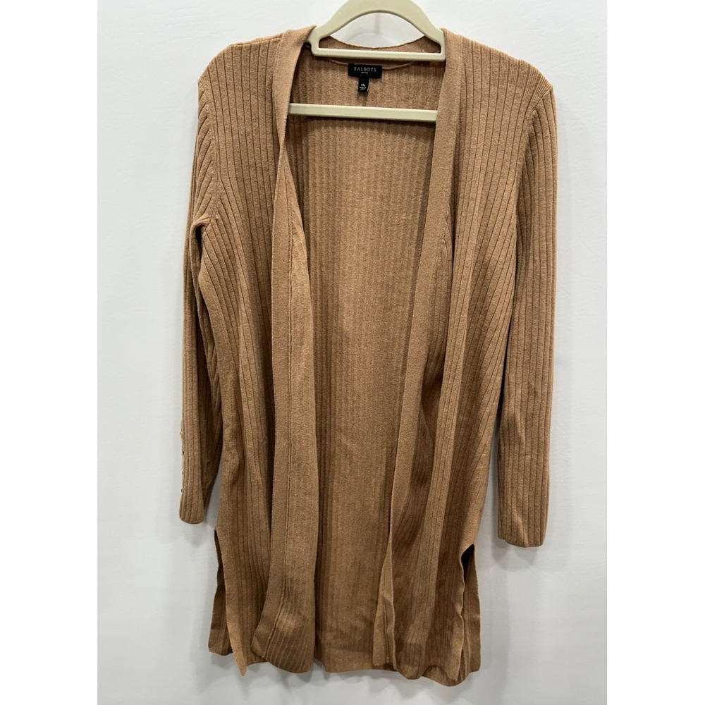 Talbots Cardigan Sweater Womens Petite Medium Tan‎ Ribbed Open Front Cozy Duster